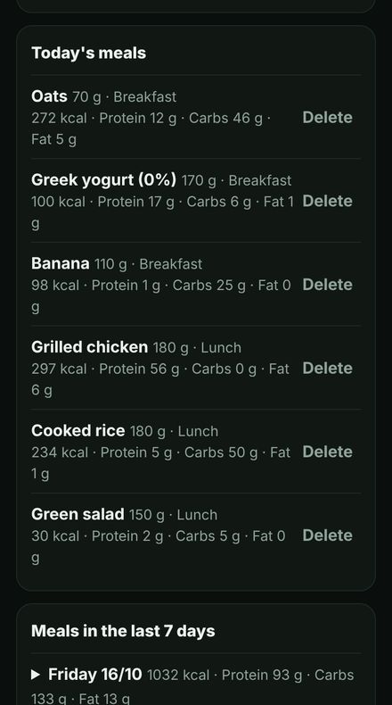 Screenshot of Musclivo: Today's meals